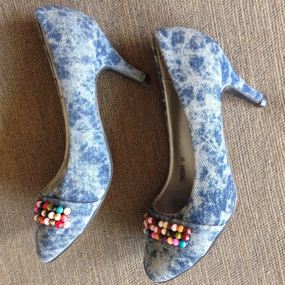 Custom Blue White Tie Dye Beads Heels Shoes US 6.5 - Picture 5 of 8